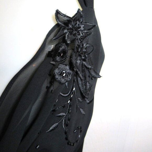 Adrianna Papell Black Chiffon Gown Floral Applique Beads EUC Whimsigoth Cowl - Picture 7 of 16